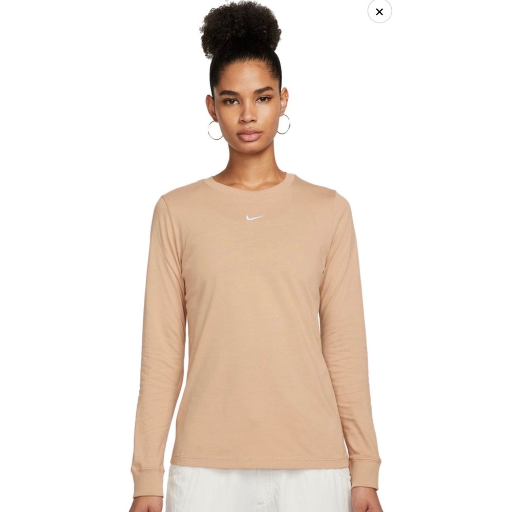 Nike The Nike Tee Womens Small Tan Long Sleeve Embroidered Center Swoosh Cotton